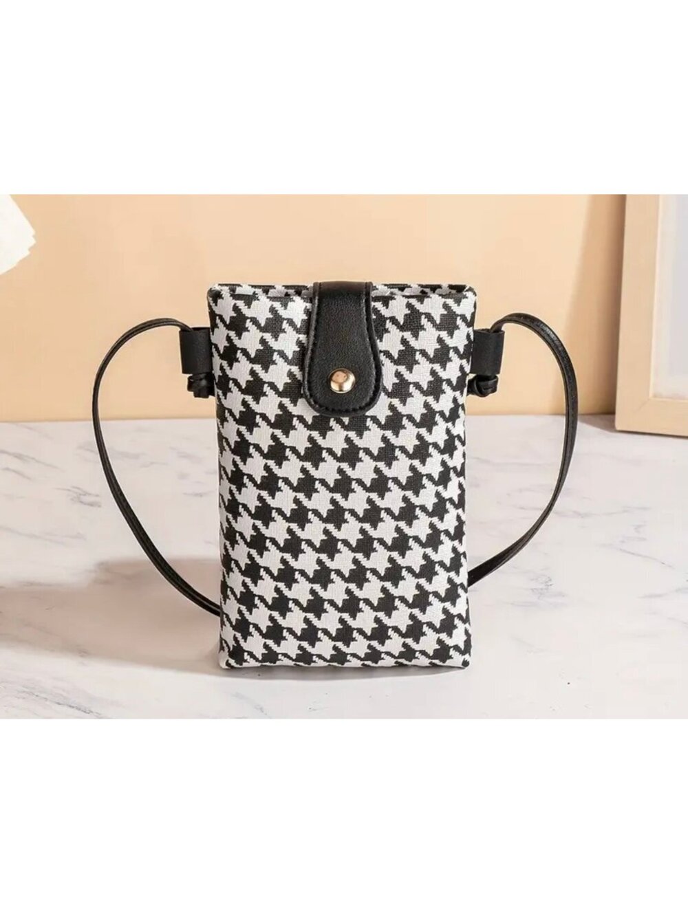 New - Classy Black & White Houndstooth Lightweight Faux Leather Crossbody Bag